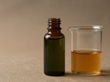 Patchouli oil vials and beaker for trading analysis.