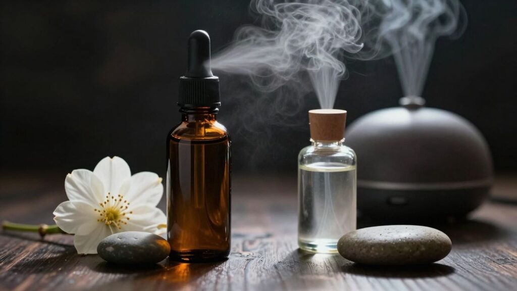 Patchouli oil bottles for perfumery and aromatherapy.