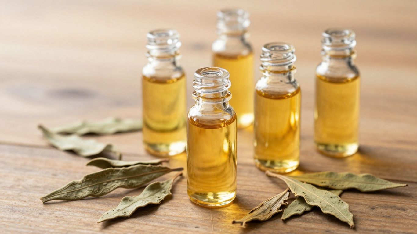 Bottles of patchouli oil with dried leaves.