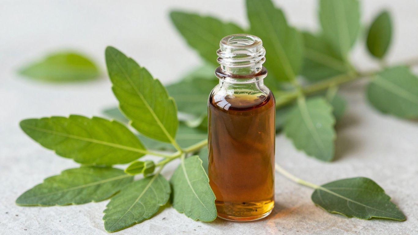 Patchouli leaves and oil bottle, Indonesia's top producer.