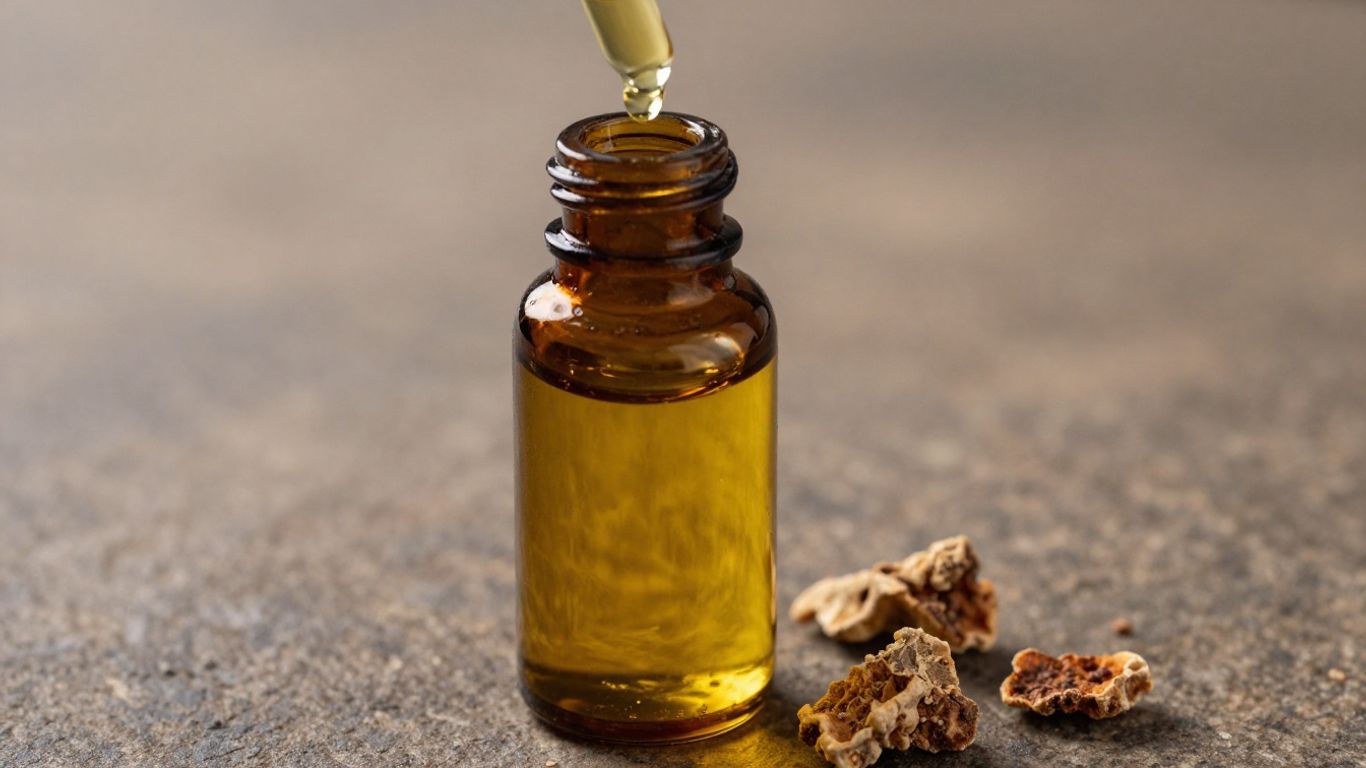 Bottle of golden frankincense oil with resin pieces.