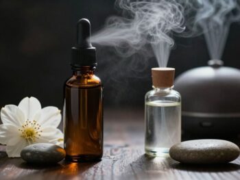 Patchouli oil bottles for perfumery and aromatherapy.