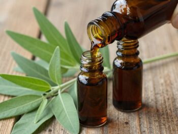 Patchouli oil pouring into a vial with leaves.